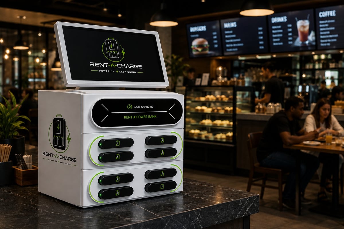 Rent Charge mobile phone charging station with display screen in a modern coffee shop with menu board in background